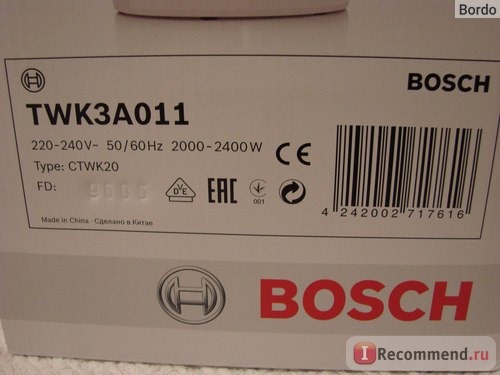 Электрический чайник Bosch TWK3A011: штрих-код и полный номер модели