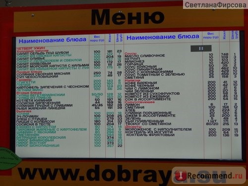 Меню актуально на 9 октября 2015 года