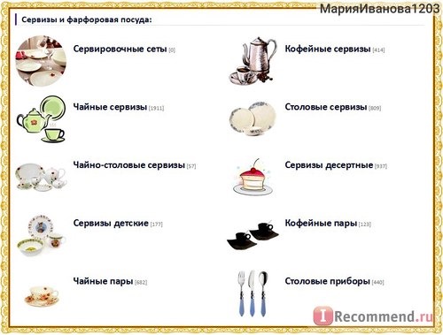 Ассортимент интернет-магазина фарфоровых сервизов и столовой посуды - Сеньор Фарфор senior-farfor.ru