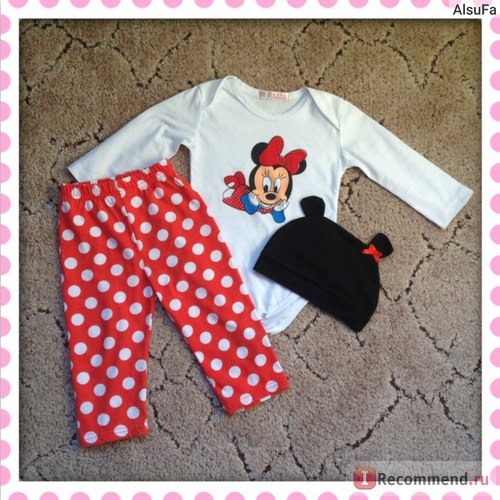 Комплект AliExpress 2014 New kids cotton Mickey Minnie baby boys girls installs service 3pcs ( long-sleeved Romper + hat + pants ) children clothing set фото