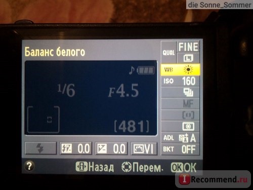 меню: тут нужно менять баланс белого(освещения), ISO и многое другое.
