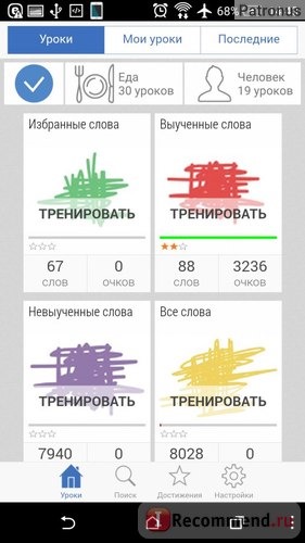 варианты тренировок (только избранные, только выученные, только не выученные, все слова)